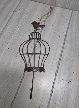 Vtg Bird On Cage Coat Hook Hat Towel Dog/Cat Leash Hanger Metal Cottagecore